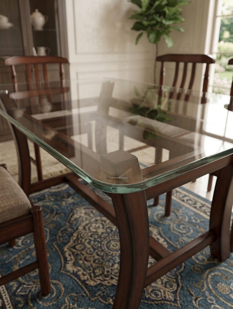 6-Seater Glass Top Solid Wood Curvy Dining Table Set with 6 Curveback Cushioned Chairs
