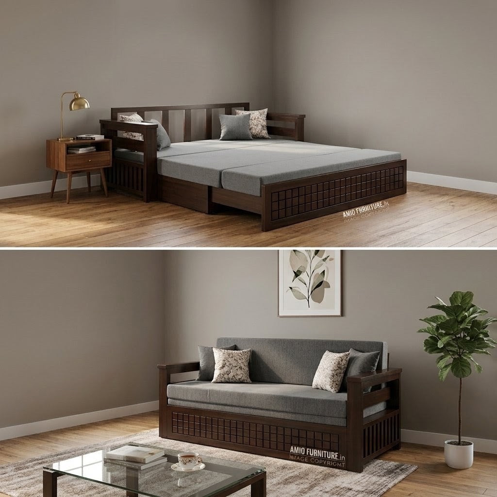 The Gridline Wooden Sofa Cum Bed With Storage