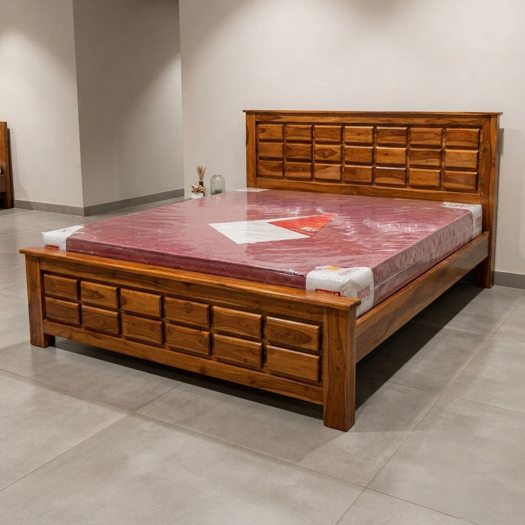 Solid Wood Block Panel Bed