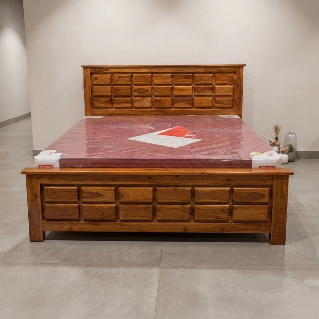 Solid Wood Block Panel Bed