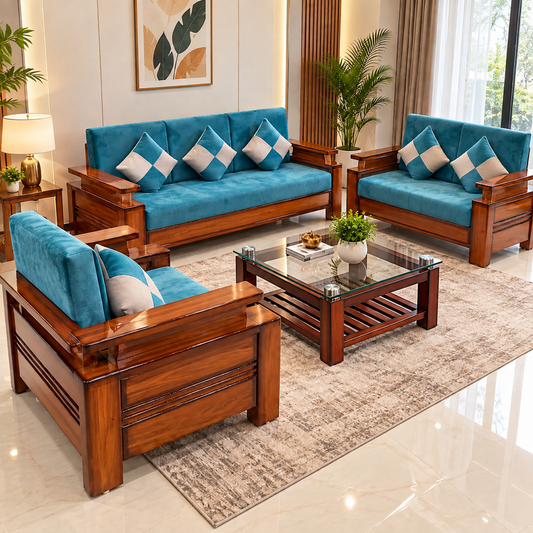 Double Handle Solid 6Seater Wooden Sofa Set