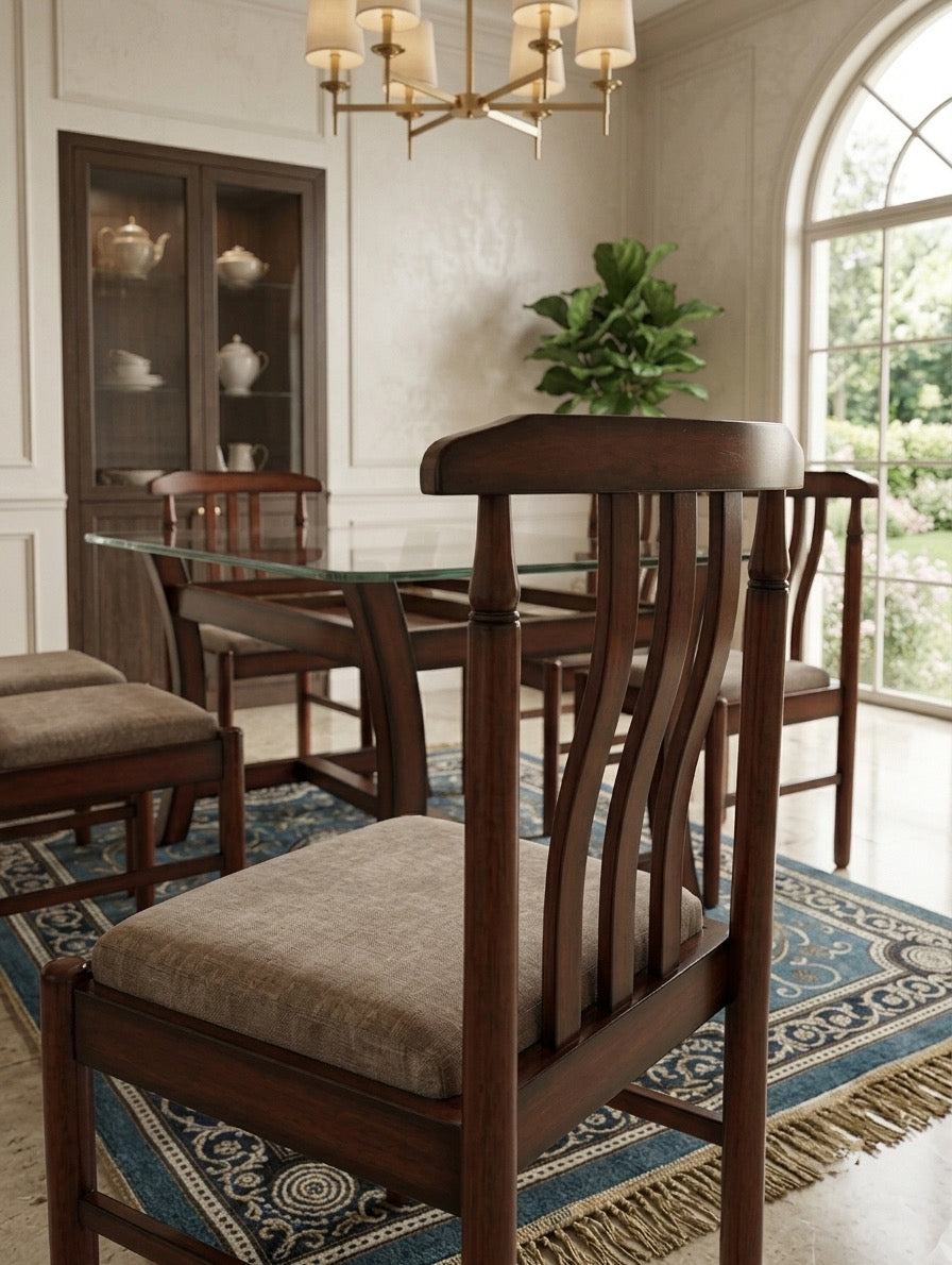 6-Seater Glass Top Solid Wood Curvy Dining Table Set with 6 Curveback Cushioned Chairs