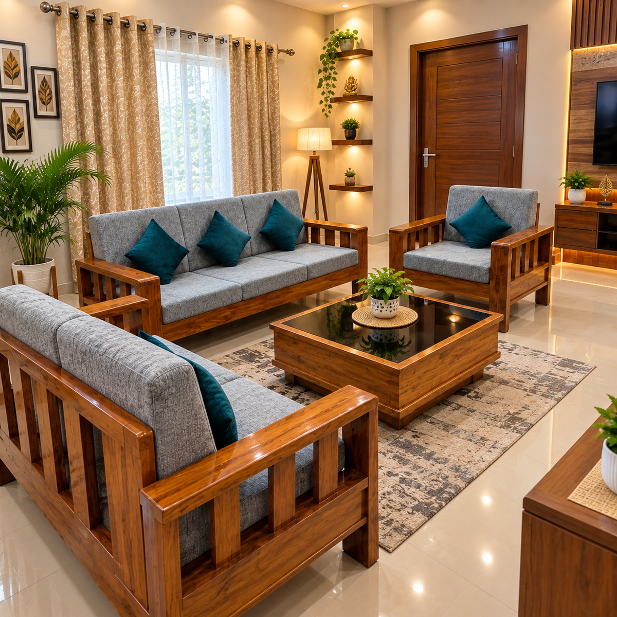 Jade Horizon 6 Seater Solid Wood Sofa With Center Table