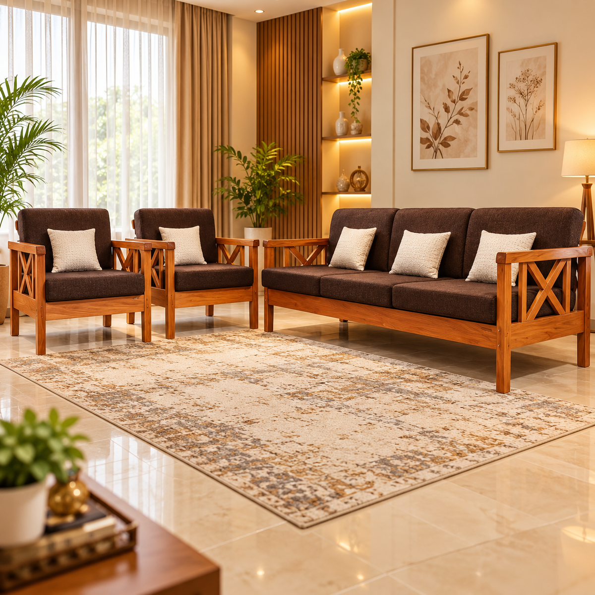 Cross Handle 5 Seater Sofa Set