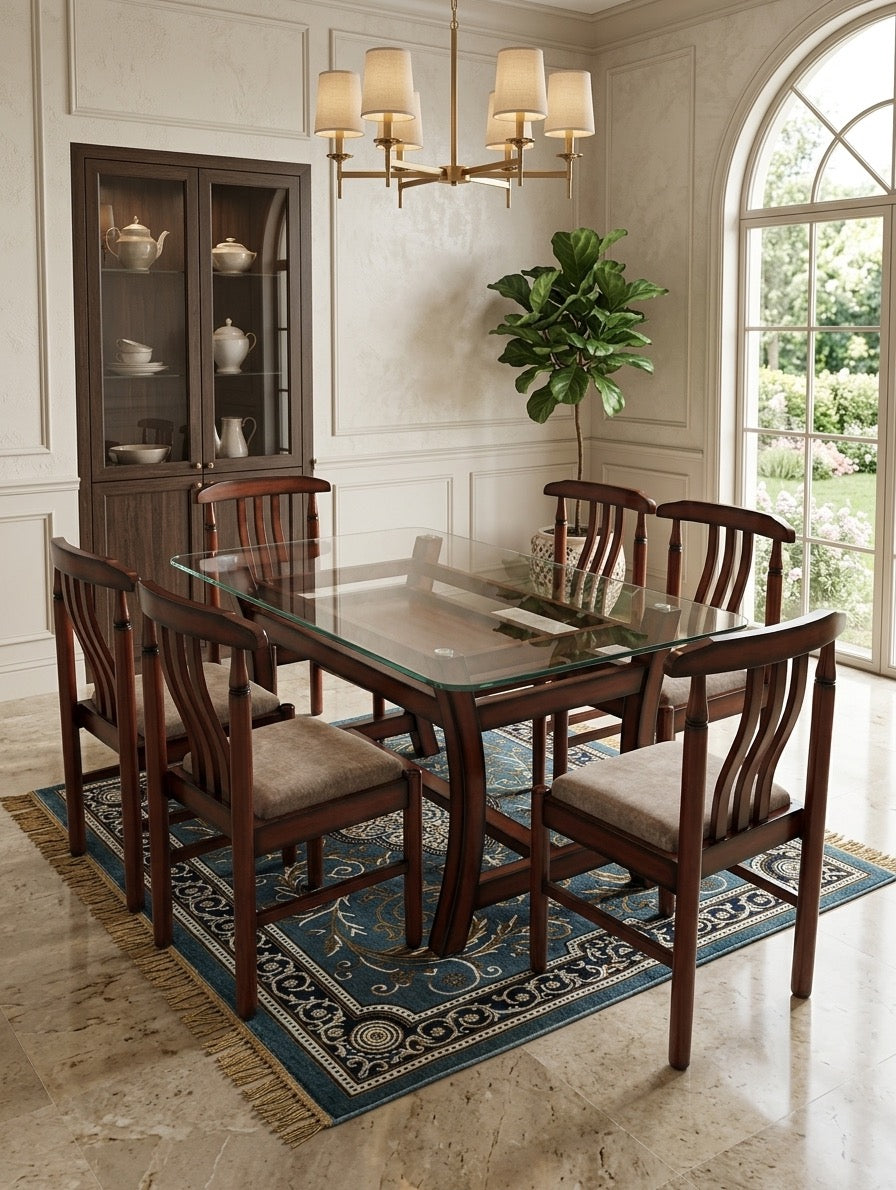 6-Seater Glass Top Solid Wood Curvy Dining Table Set with 6 Curveback Cushioned Chairs
