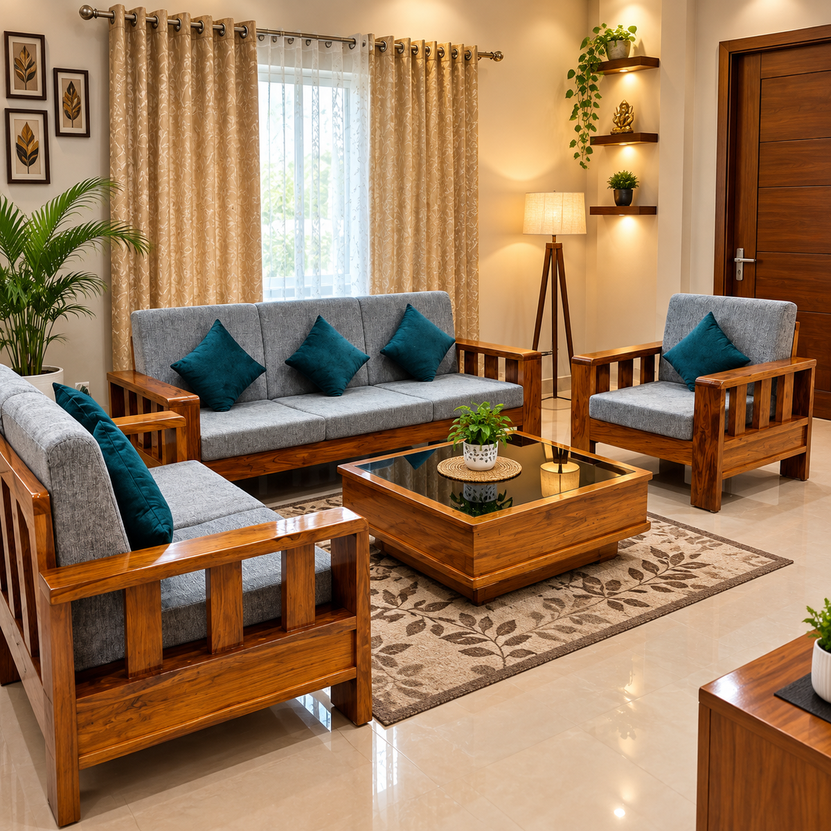 Jade Horizon 6 Seater Solid Wood Sofa With Center Table